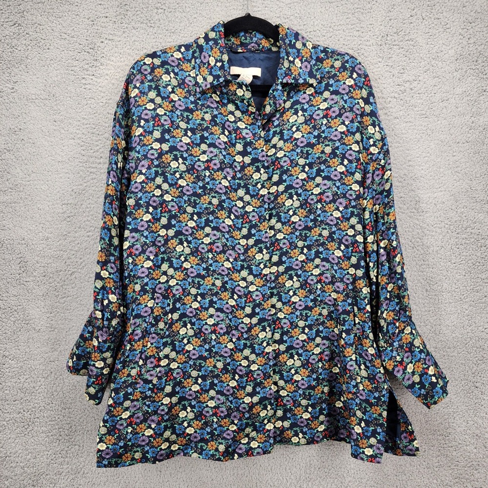 HM Floral Button Down Shirt Womens 2 Navy Blue Linen Blend Long Sleeve Top